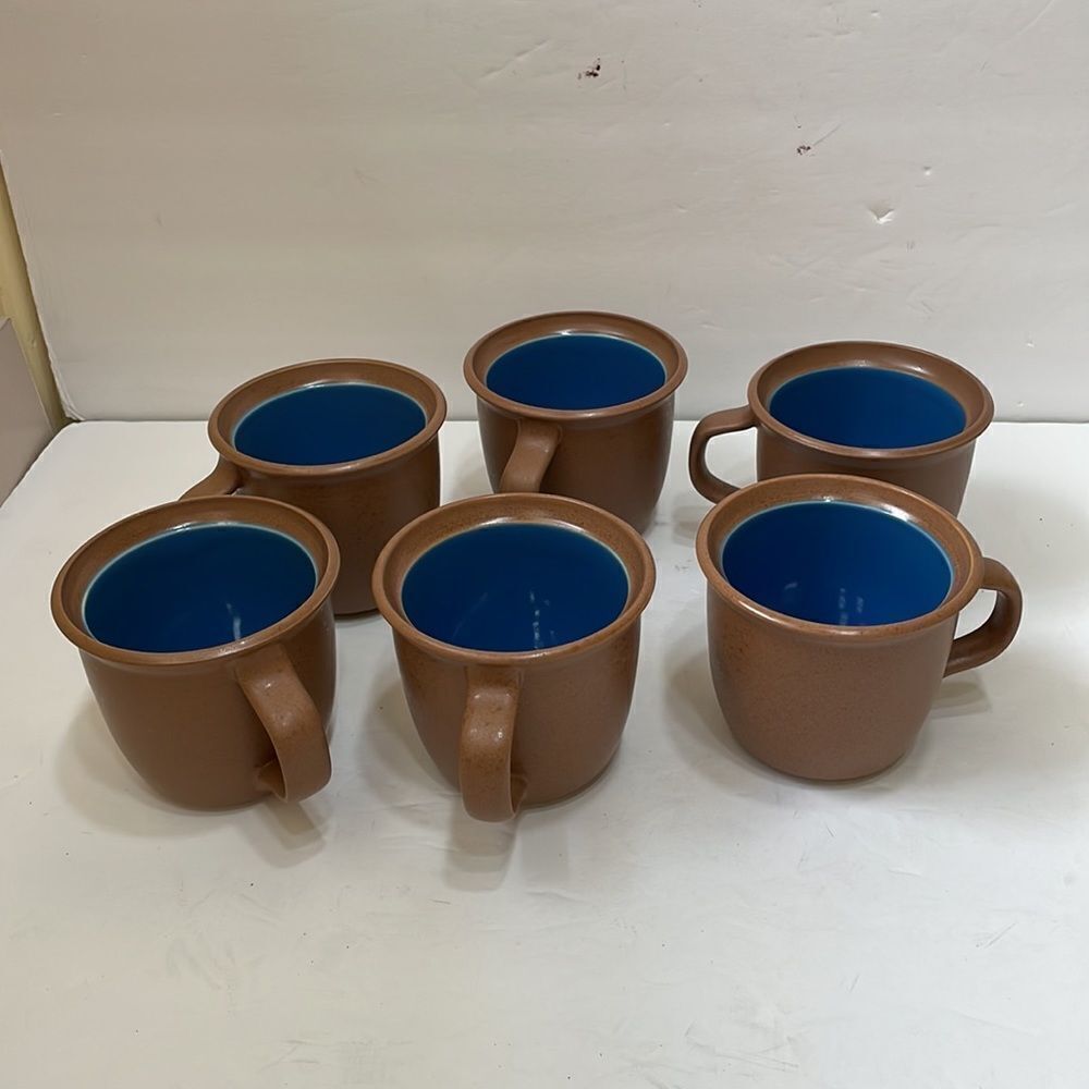 DANSK BLT POTTERY MUGS IN BROWN‎ WITH BLUE INTERIOR.  SET OF SIX
